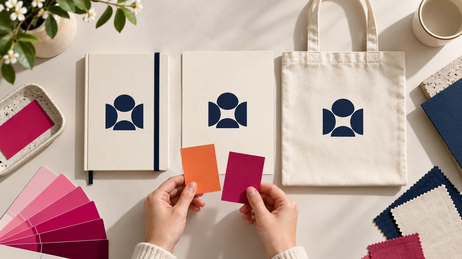 Printed brand materials being checked against a colour reference.