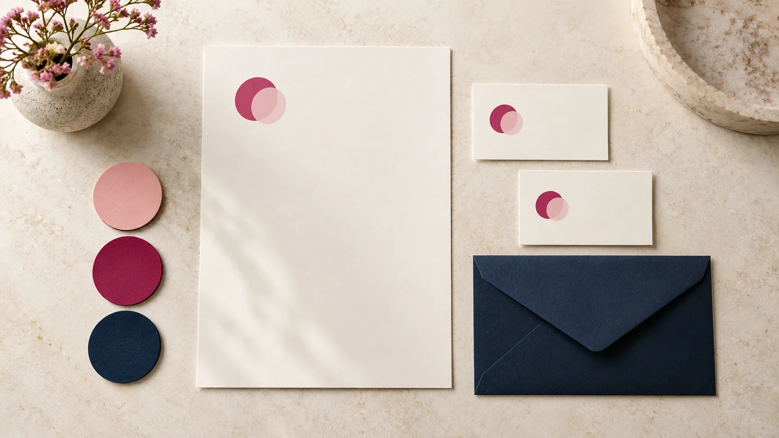 A coordinated letterhead, envelope, business cards and colour samples.