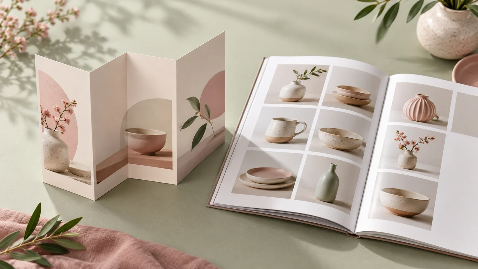 A folded brochure beside a catalogue with a product grid.
