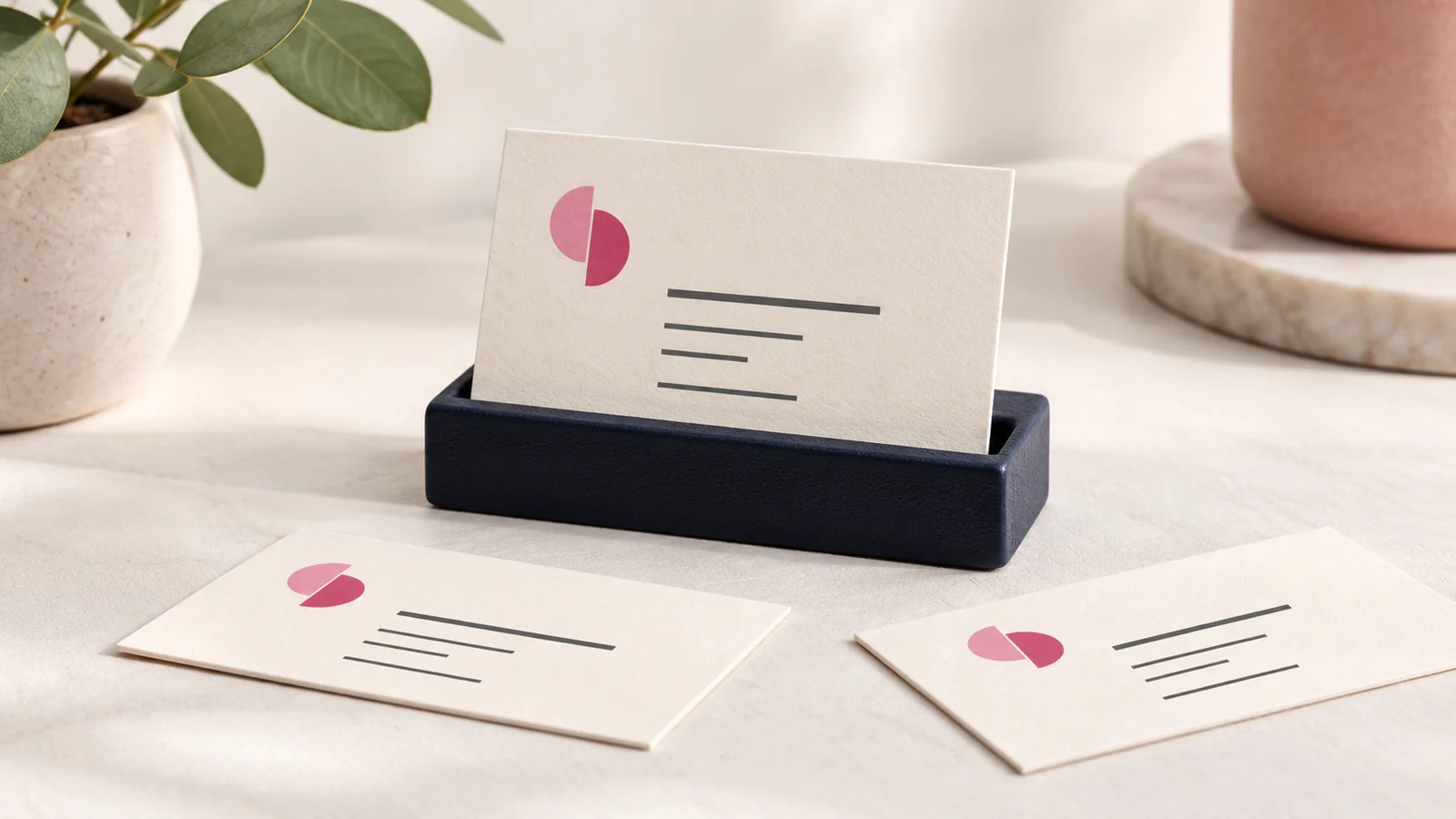 A carefully spaced business card standing in a small navy holder.