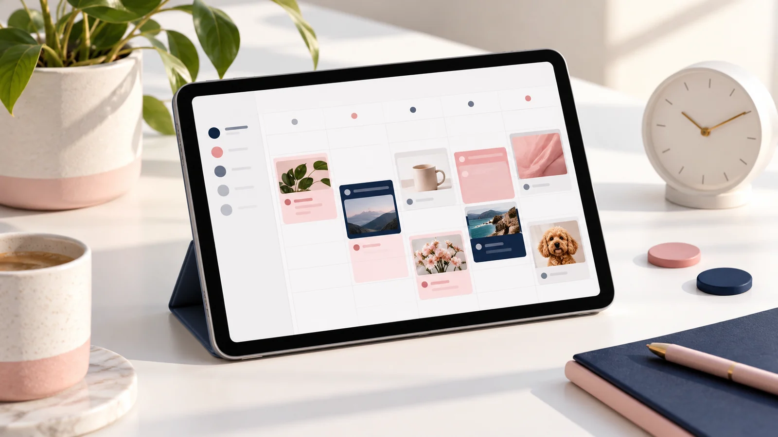 A publishing calendar, clock and small team tokens.