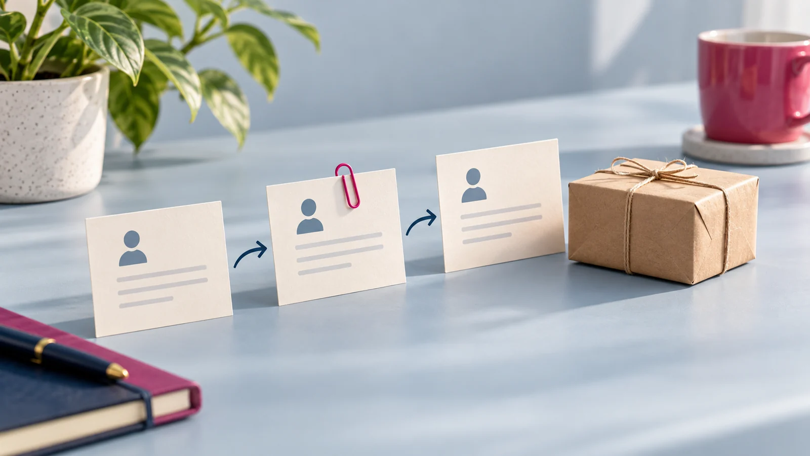 Enquiry cards organised into a clear path toward a packed order.