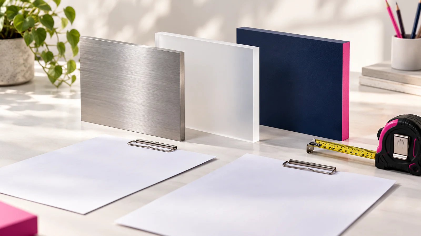 Metal, acrylic and board signage samples beside a tape measure.