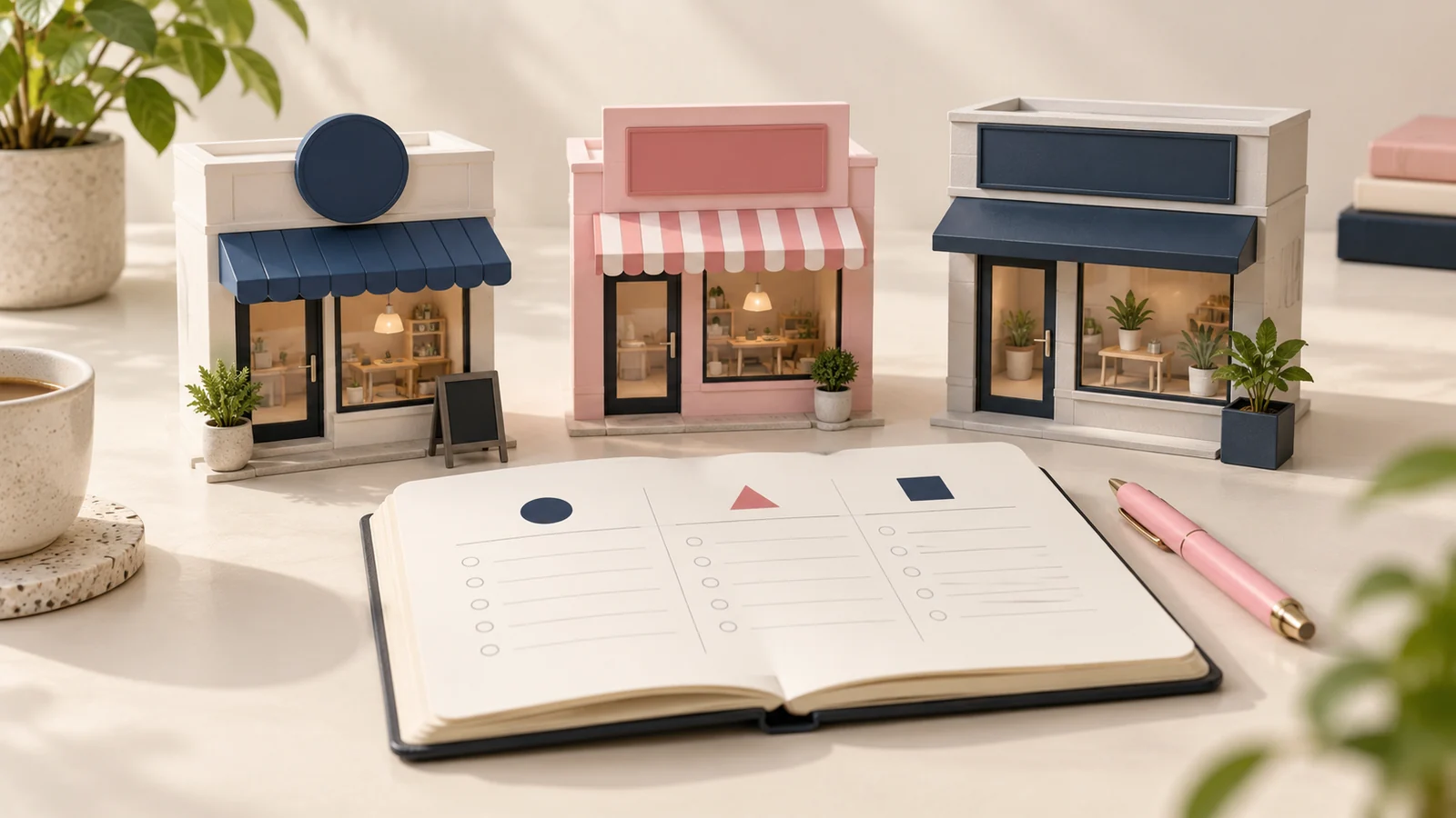 Three storefront models beside a structured comparison notebook.
