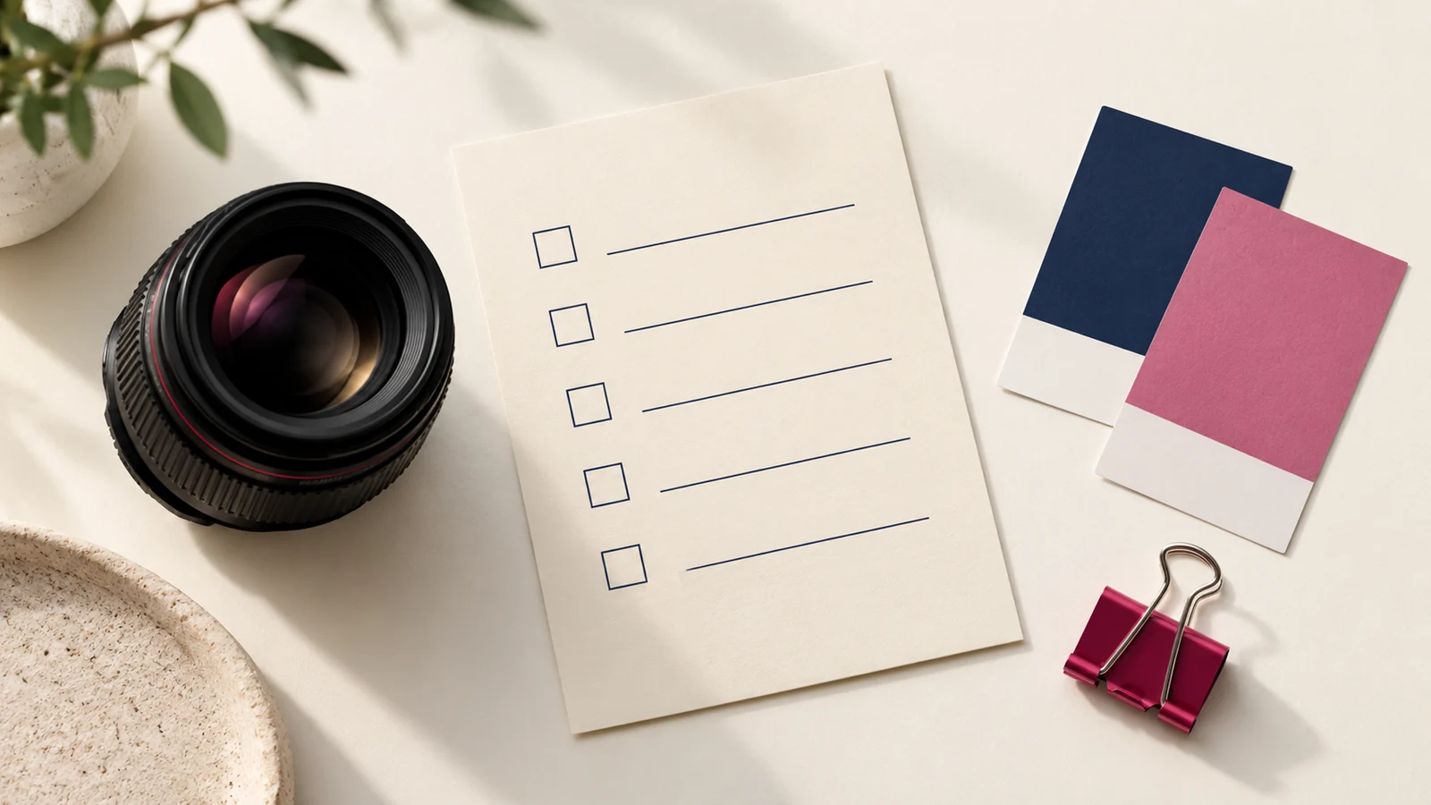 A content brief, camera lens and reference cards on a light desk.