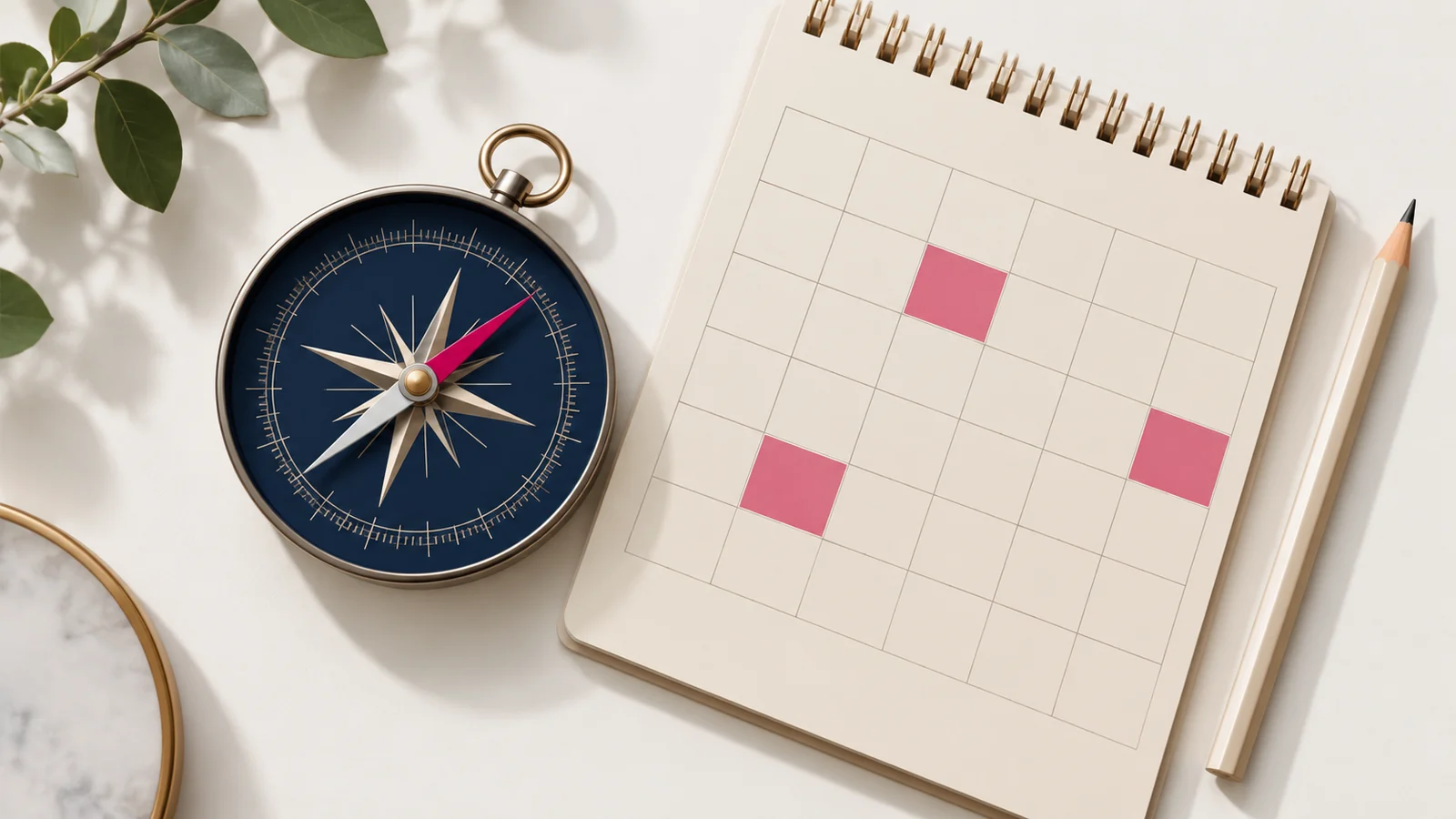 A compass and a calendar representing content direction and scheduling.
