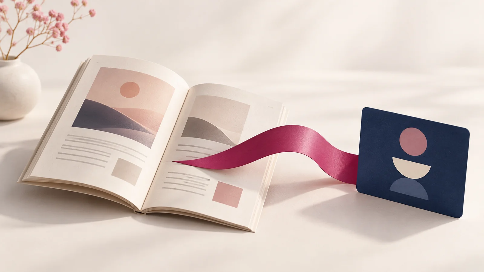 A pink ribbon connecting an article booklet to a service card.