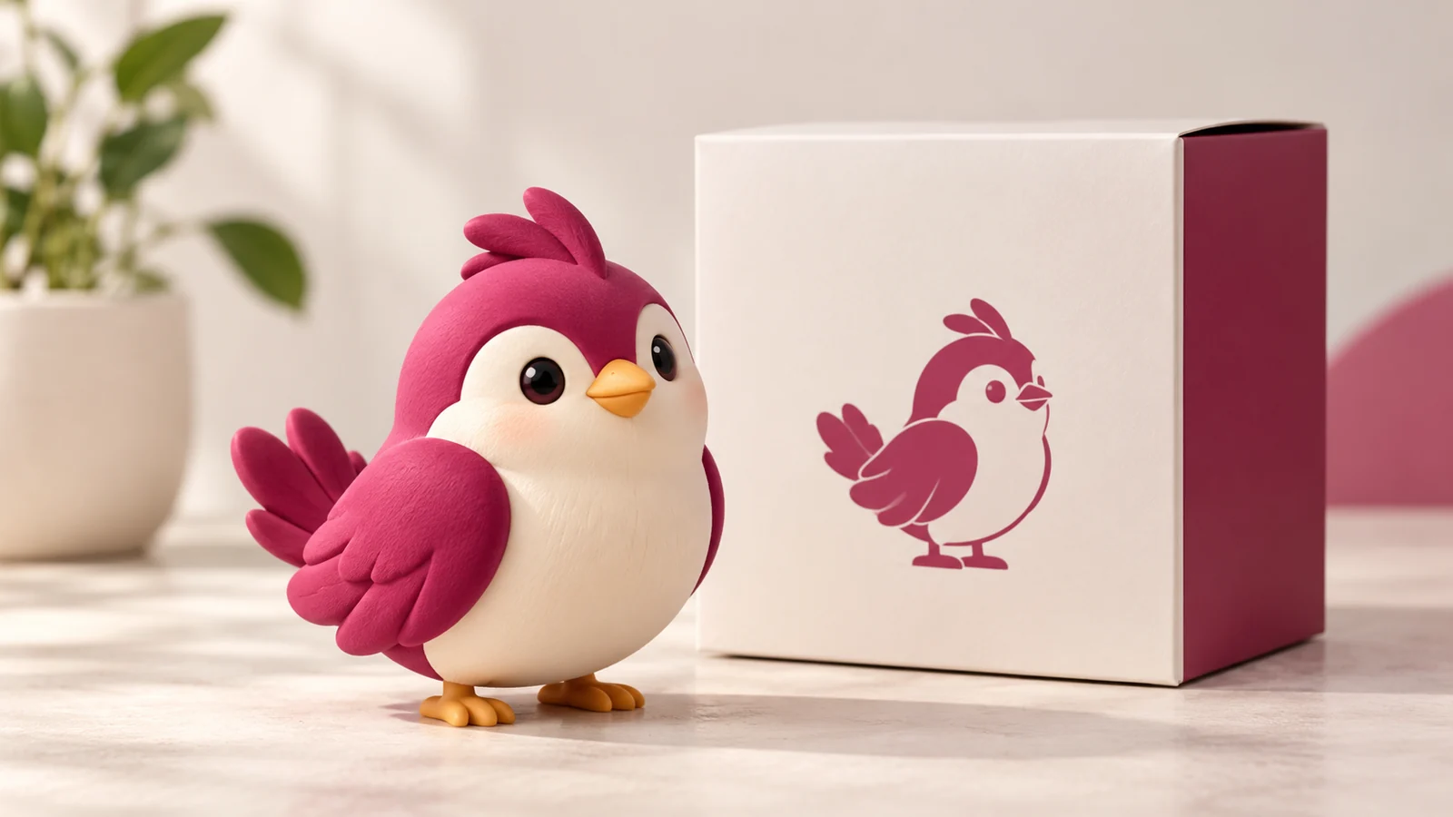 An original bird mascot figurine beside matching packaging.