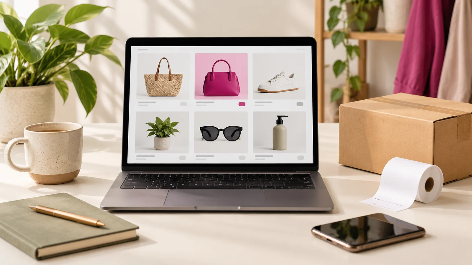An online product grid beside a parcel and receipt.