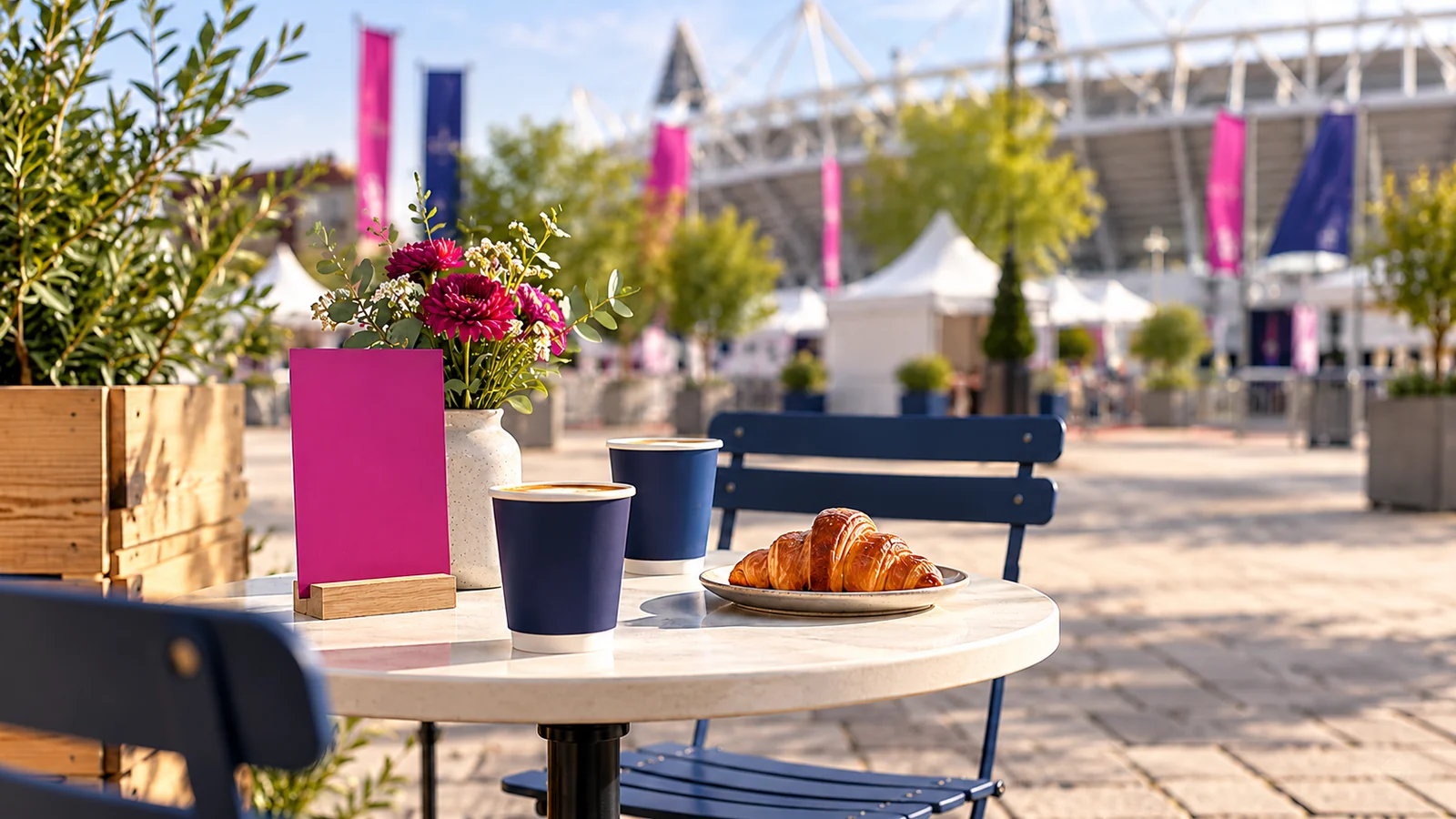 An independent pop-up outside a softly blurred event venue.