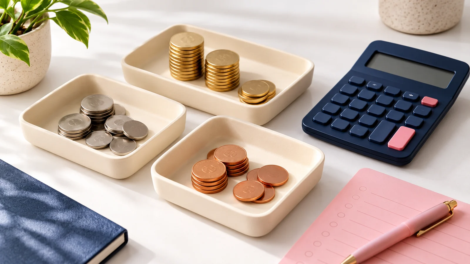 Simple budget trays, tokens and a calculator for campaign planning.