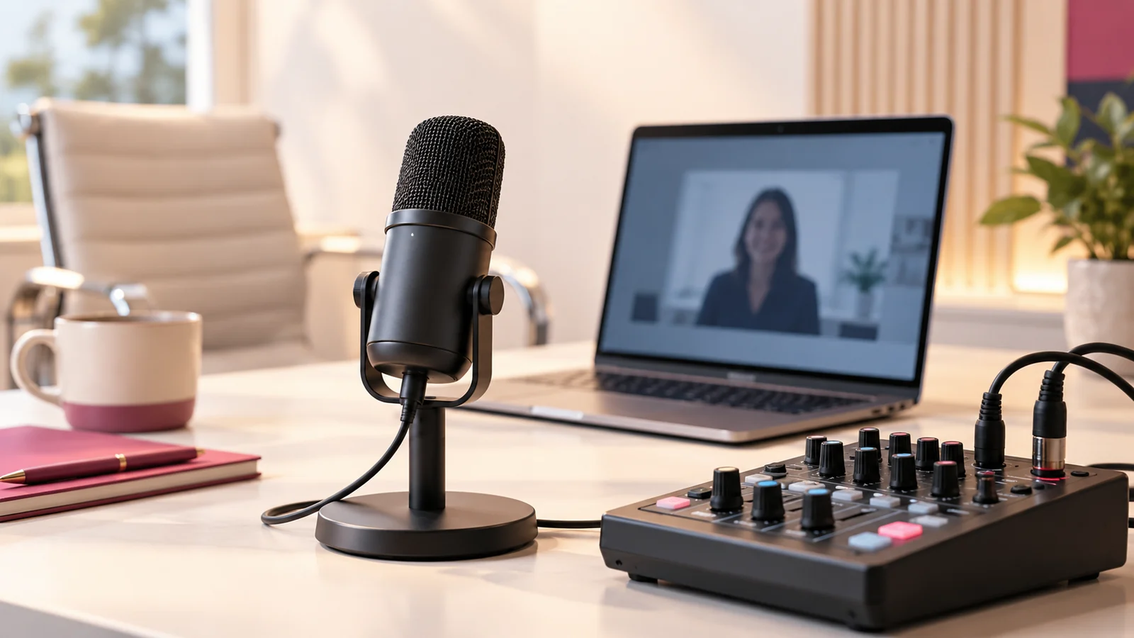 A microphone and mixer connecting a room to a remote speaker.