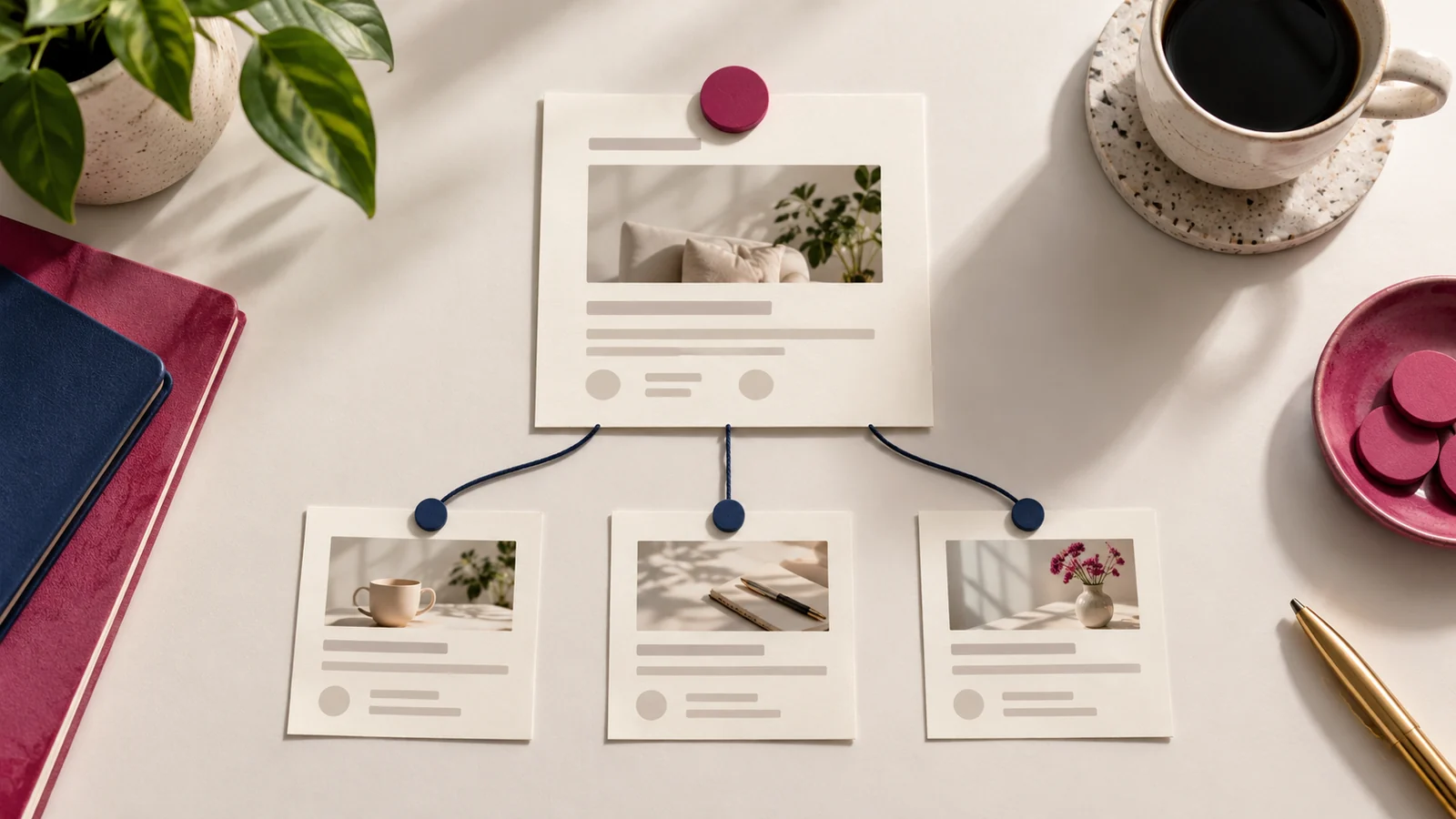 A service-page card connected to supporting article cards.