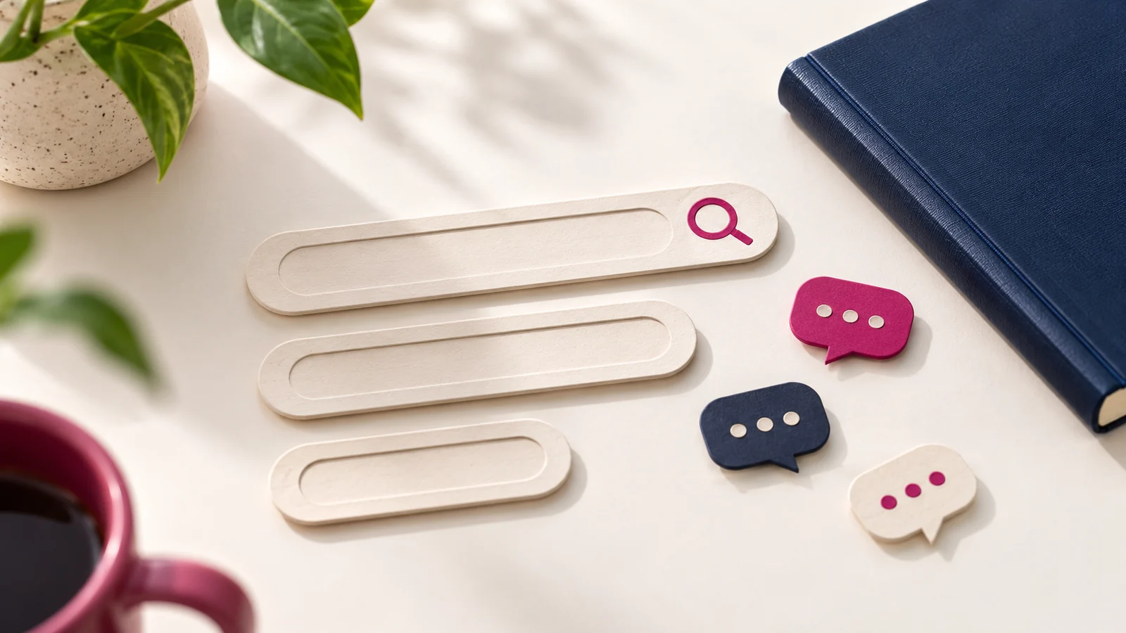 Paper search bars and conversation tokens beside a research notebook.