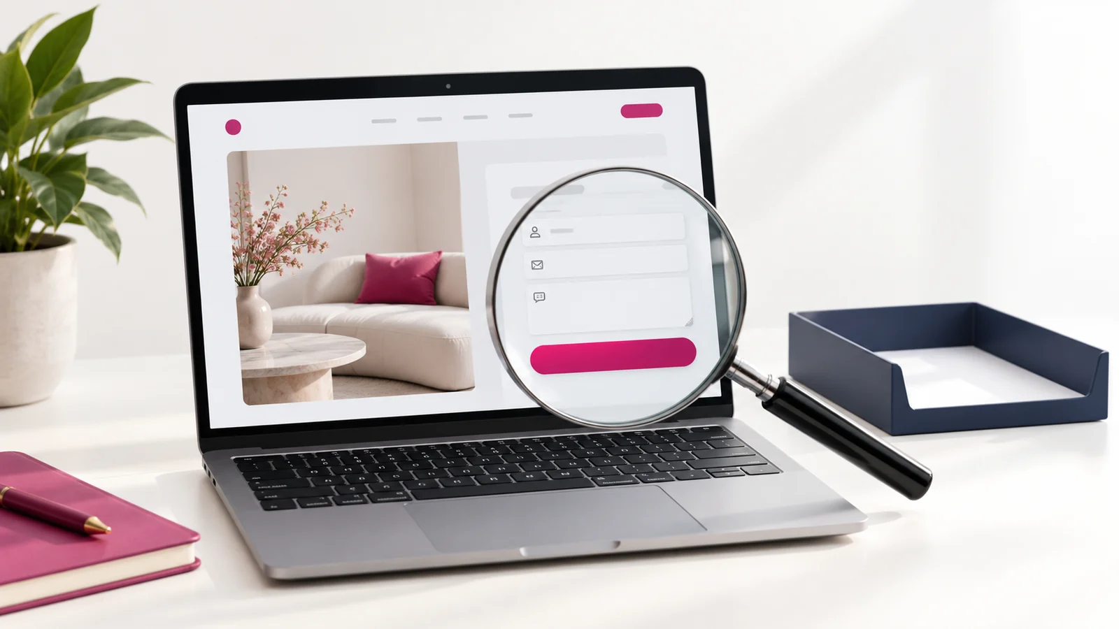A magnifying glass examining a website’s enquiry area.