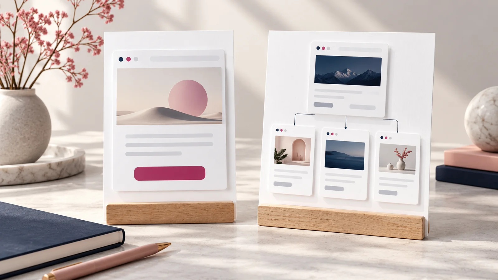 A focused single page beside a set of connected website pages.