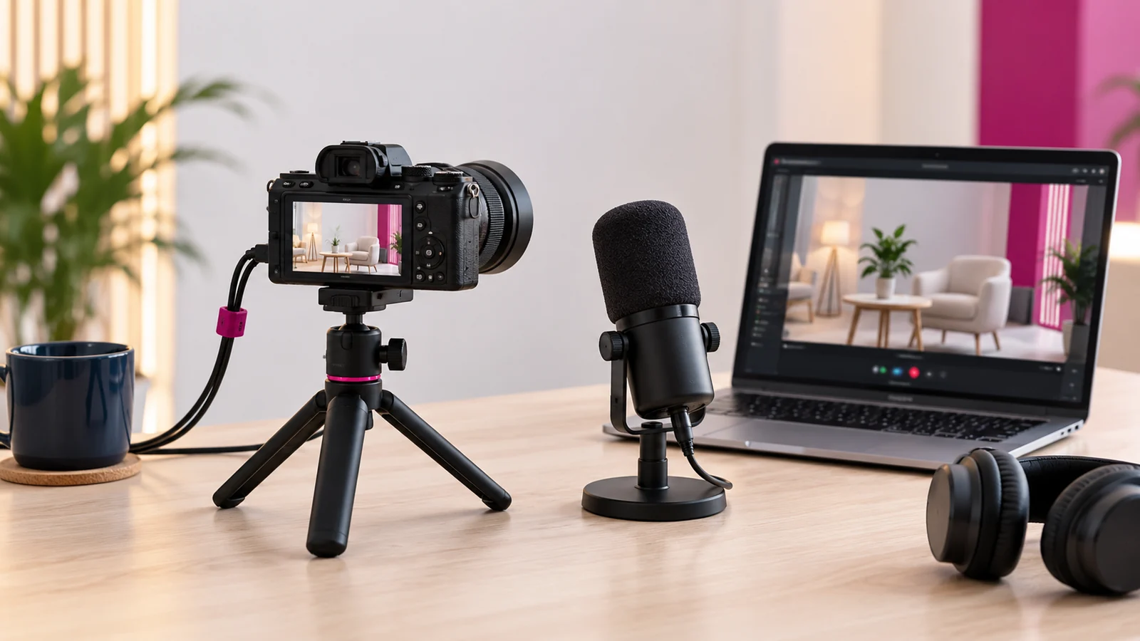 A compact camera, microphone and laptop prepared for a livestream.