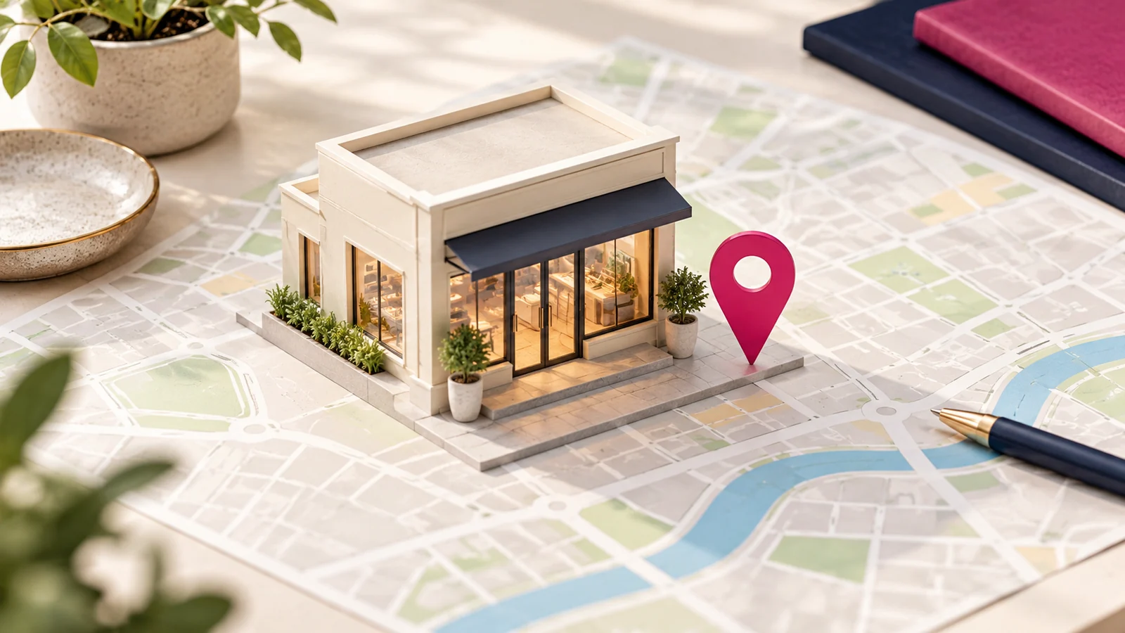 A shop model and location pin on a simplified street map.