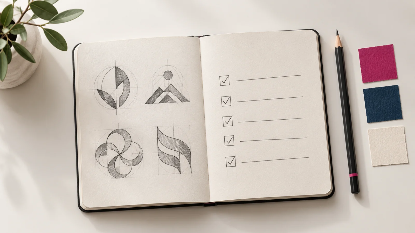 An open logo sketchbook, pencil and three colour swatches on a light desk.