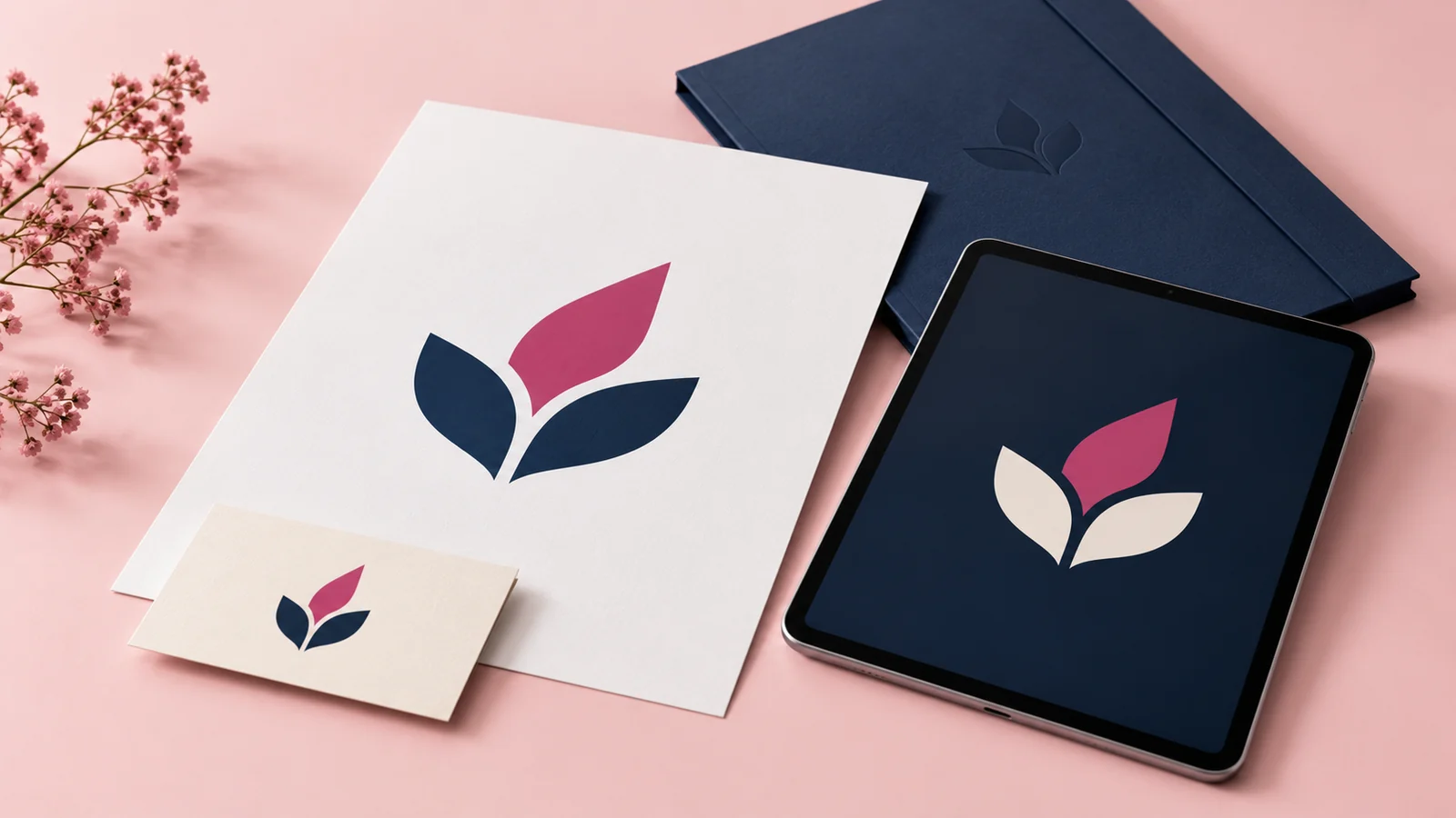 The same abstract logo on a printed card, an art sheet and a tablet.