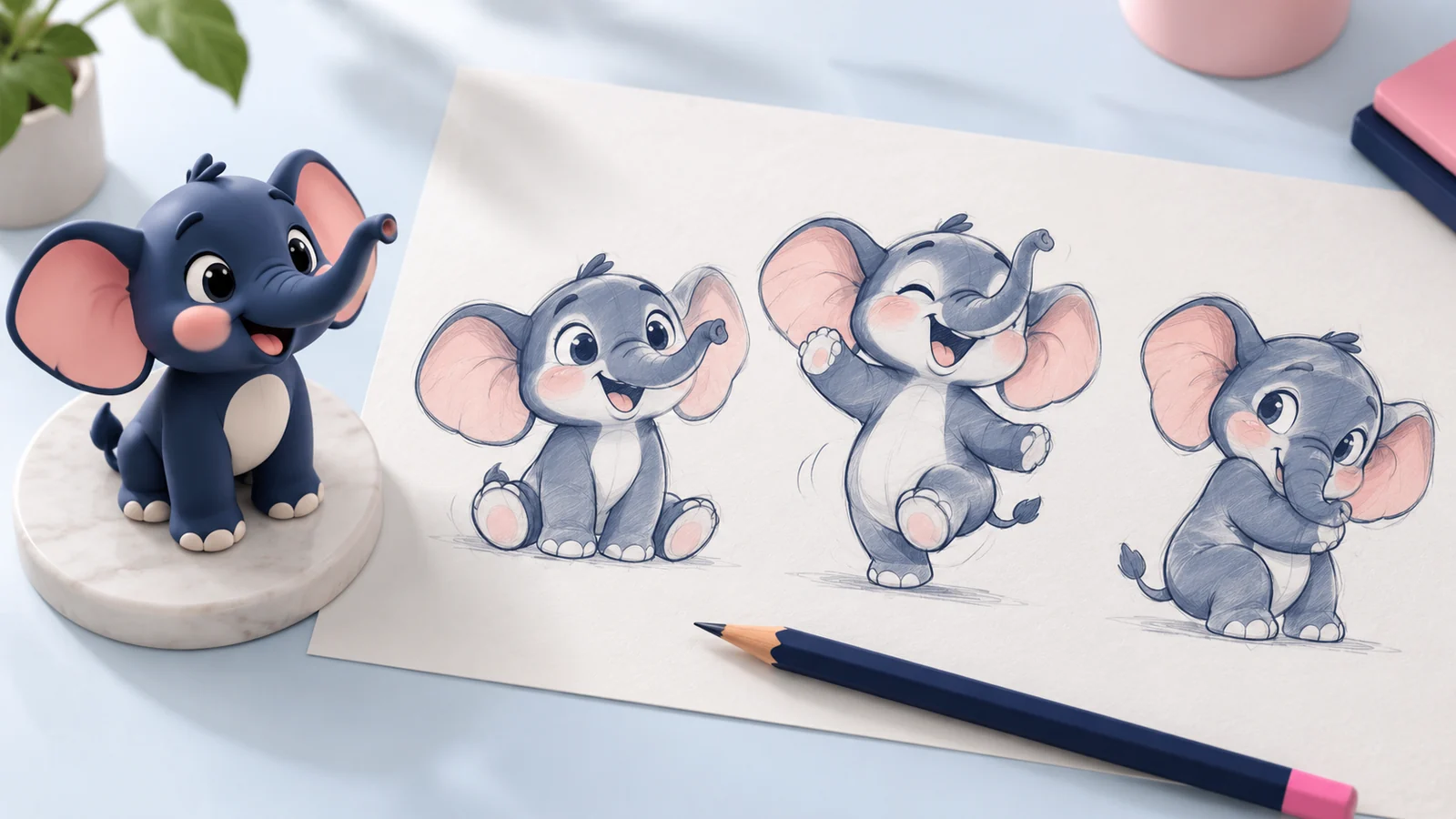 Three elephant mascot pose sketches and a small finished figurine.