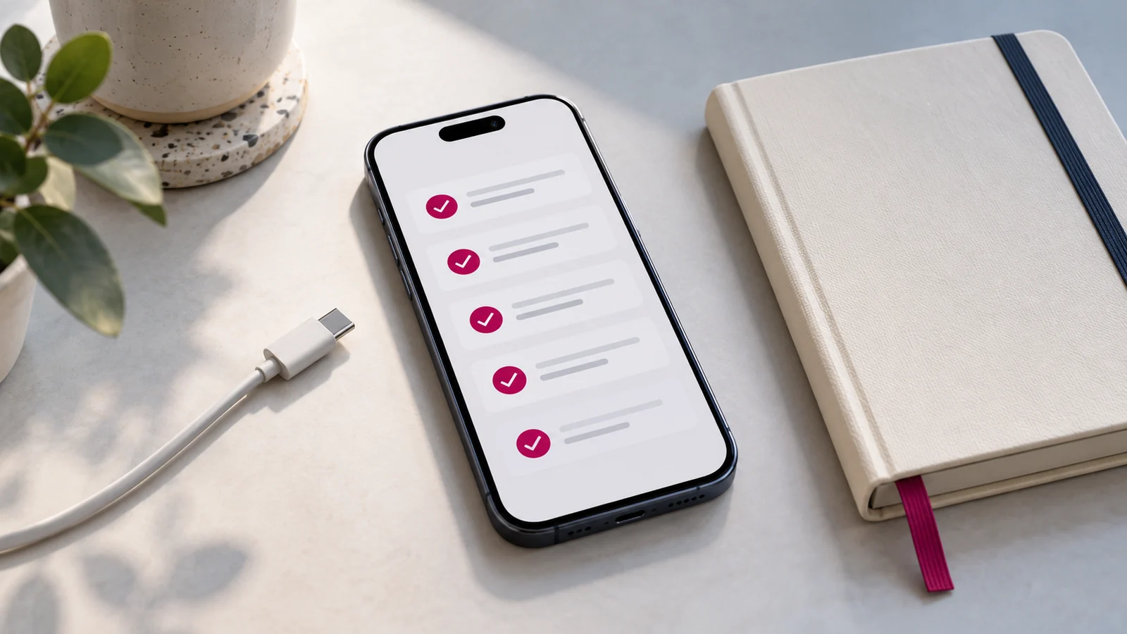 A saved phone checklist beside an unplugged cable.