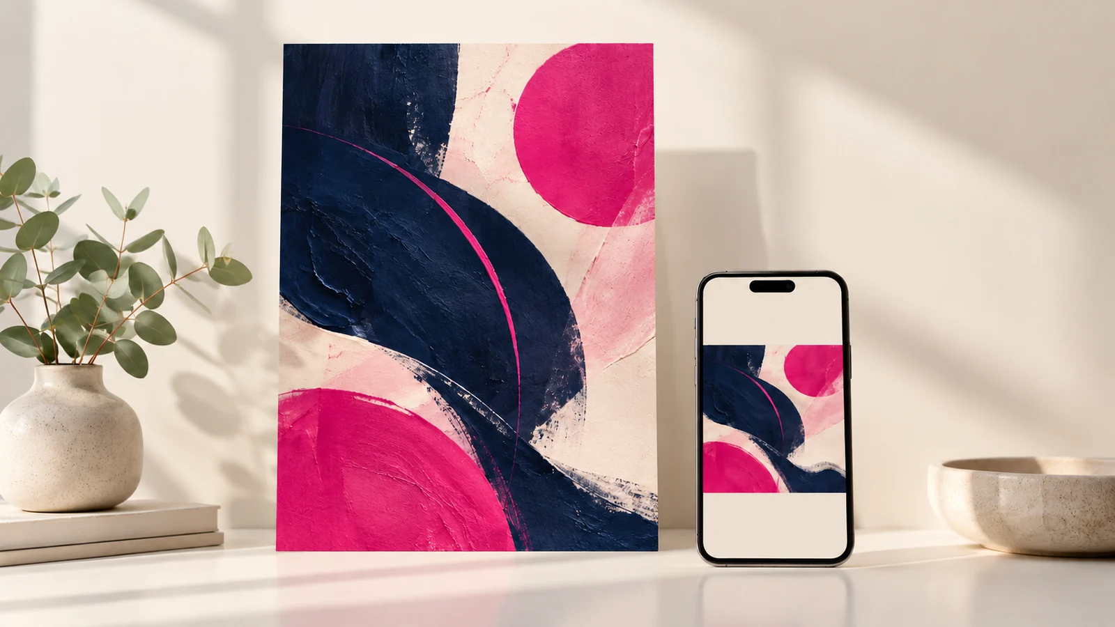 A print poster and a mobile version of the same abstract campaign.