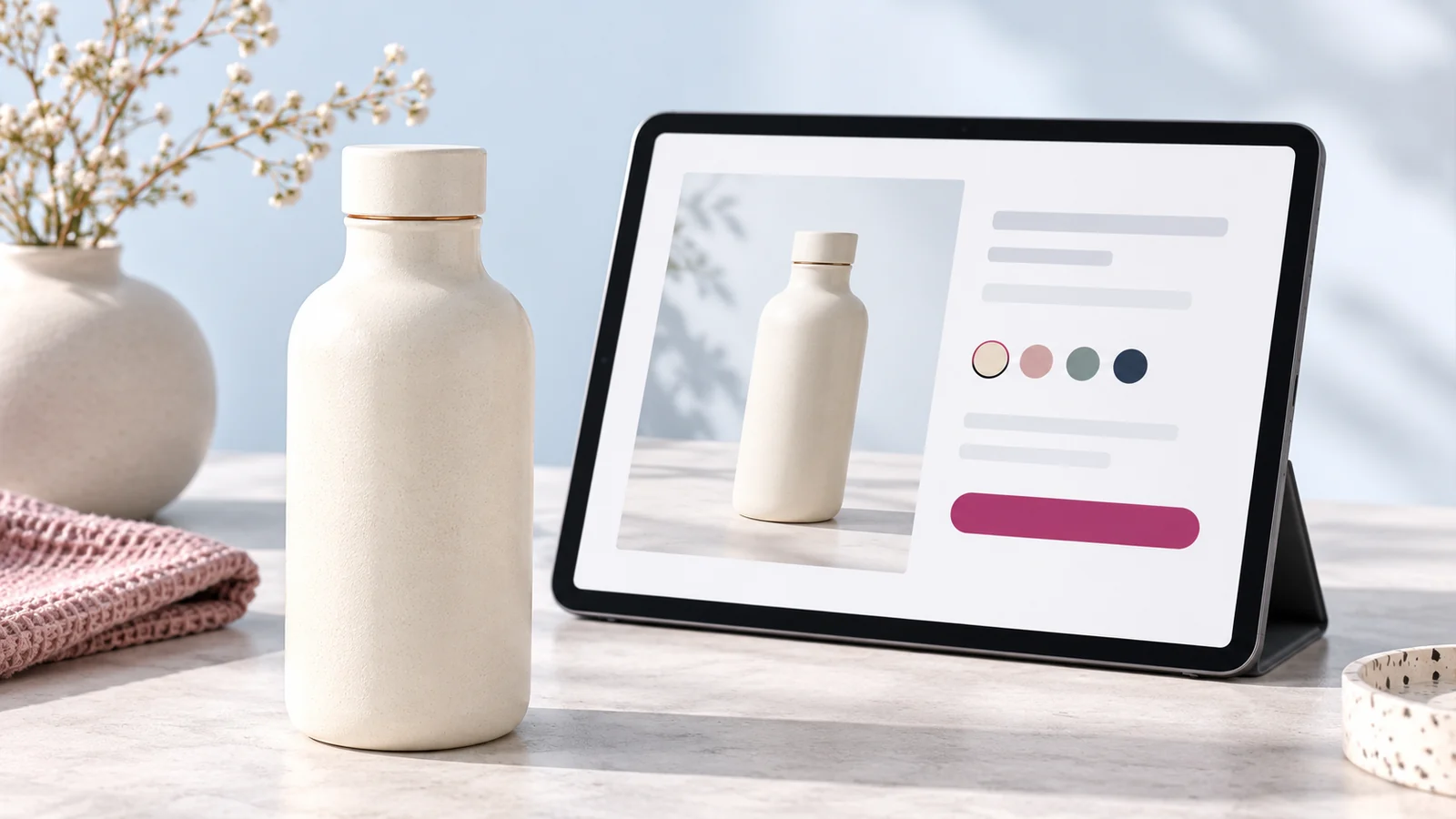 A physical product beside a tablet showing its product page.