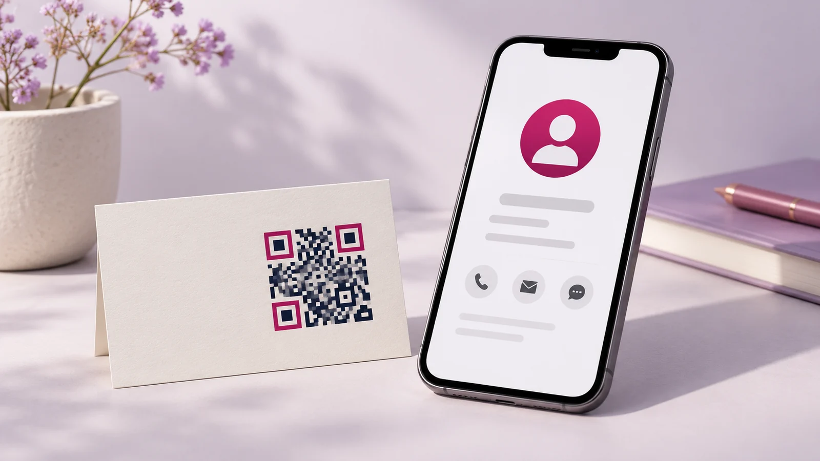 A smartphone beside a business card with a decorative scan pattern.