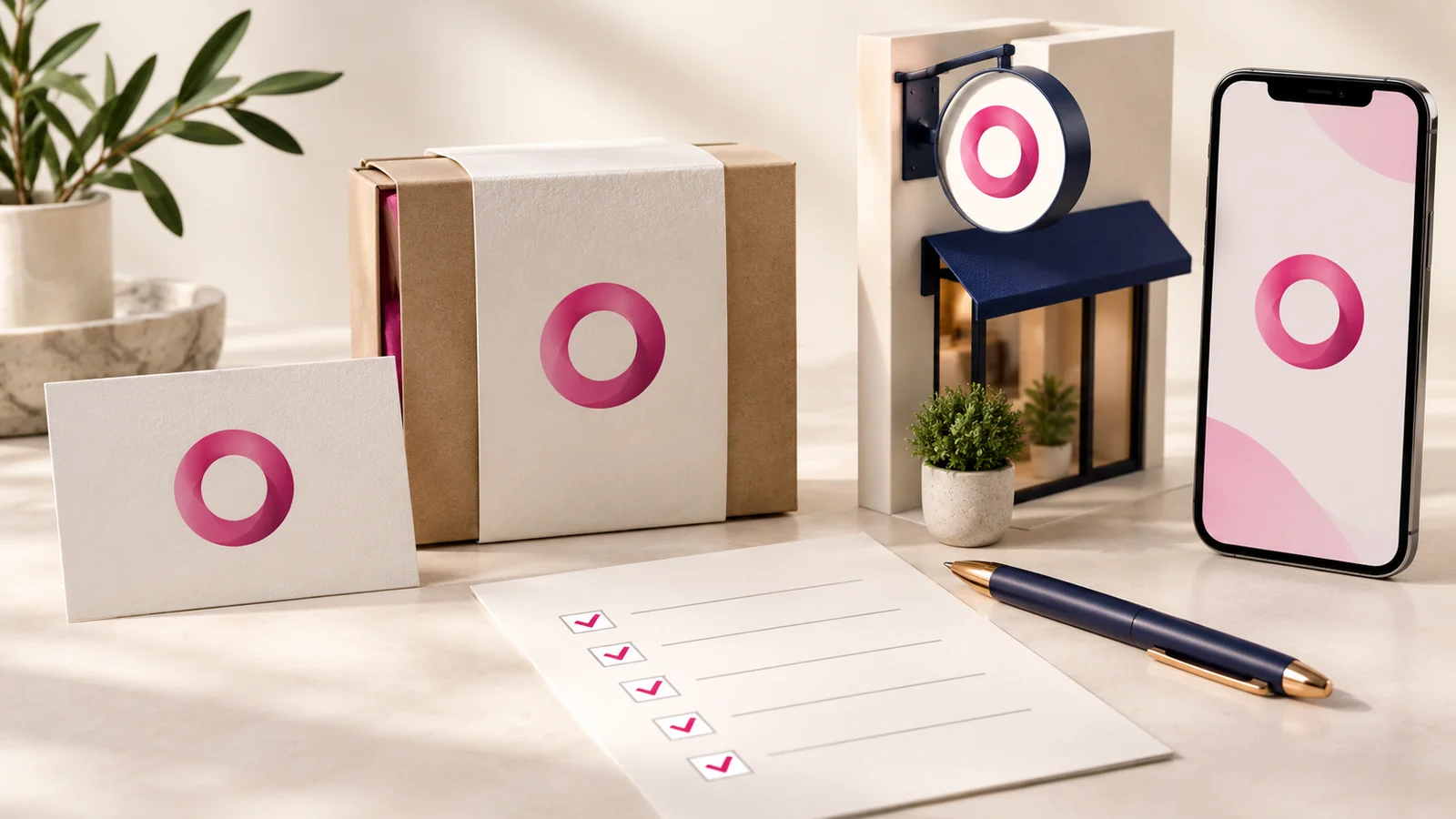A shared new identity across a card, package, sign and phone.