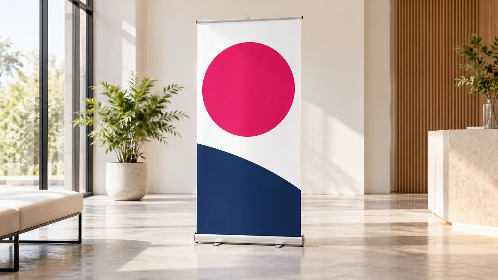 A simple roll-up banner with a strong focal point in a bright foyer.