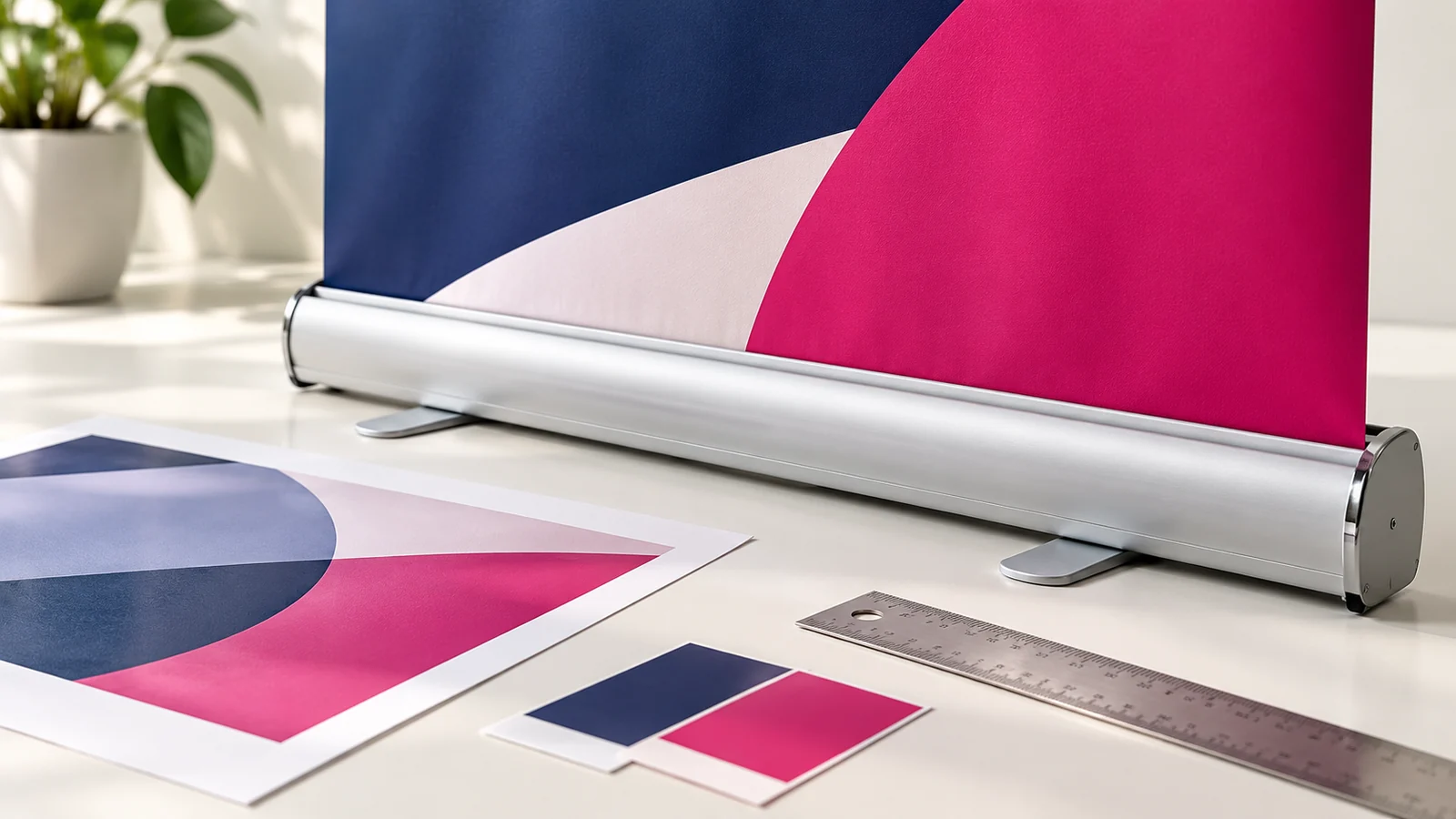 A banner cassette, print proof, ruler and colour chips before production.