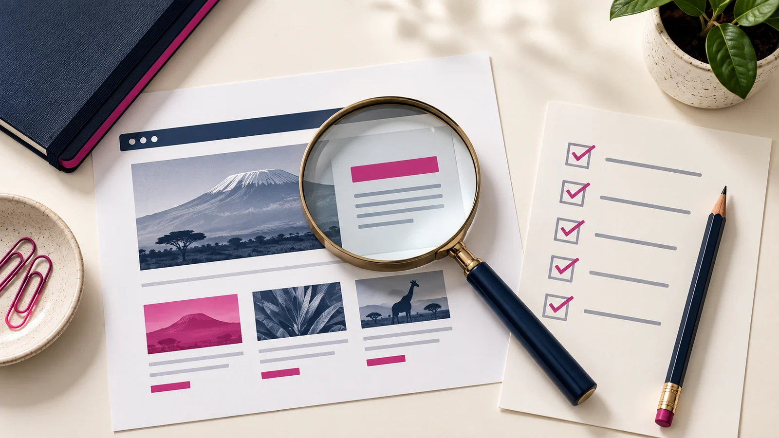 A website layout and checklist under a magnifying glass.