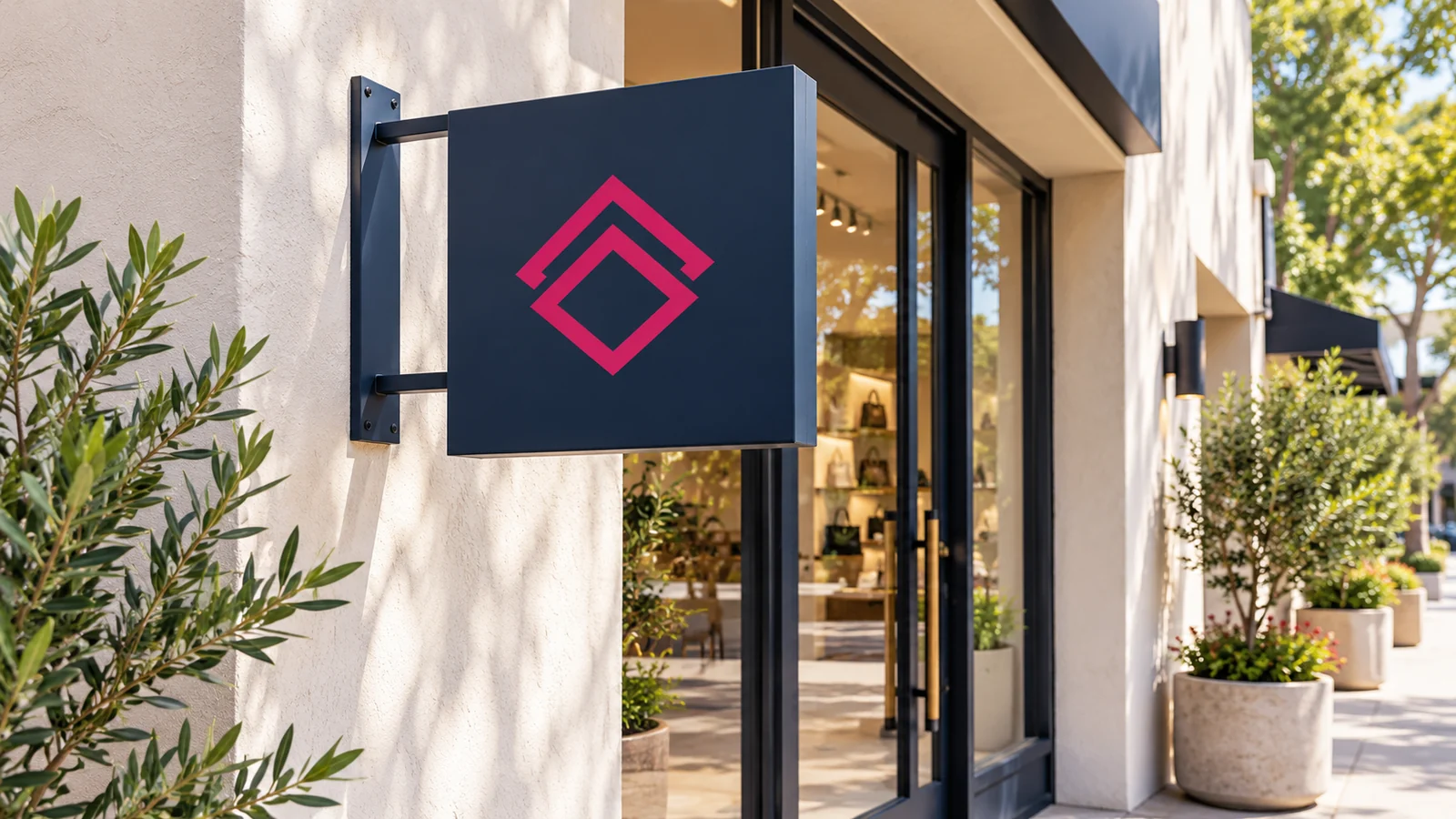 A projecting shop sign beside a bright glass entrance.