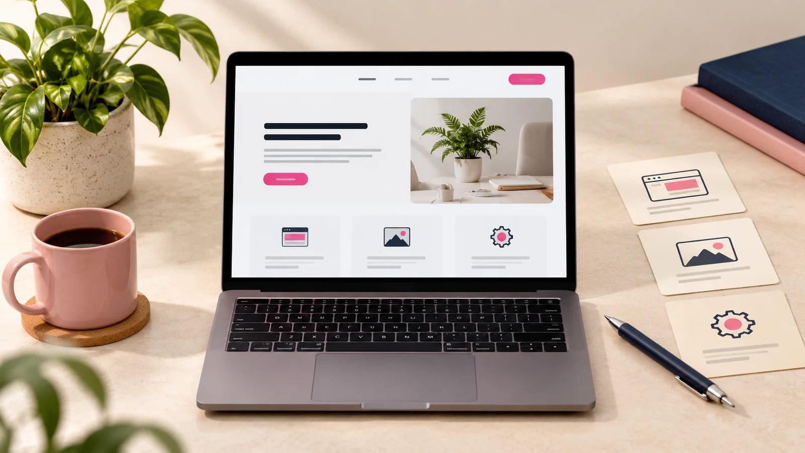 A business website mockup beside cards representing its planned scope.