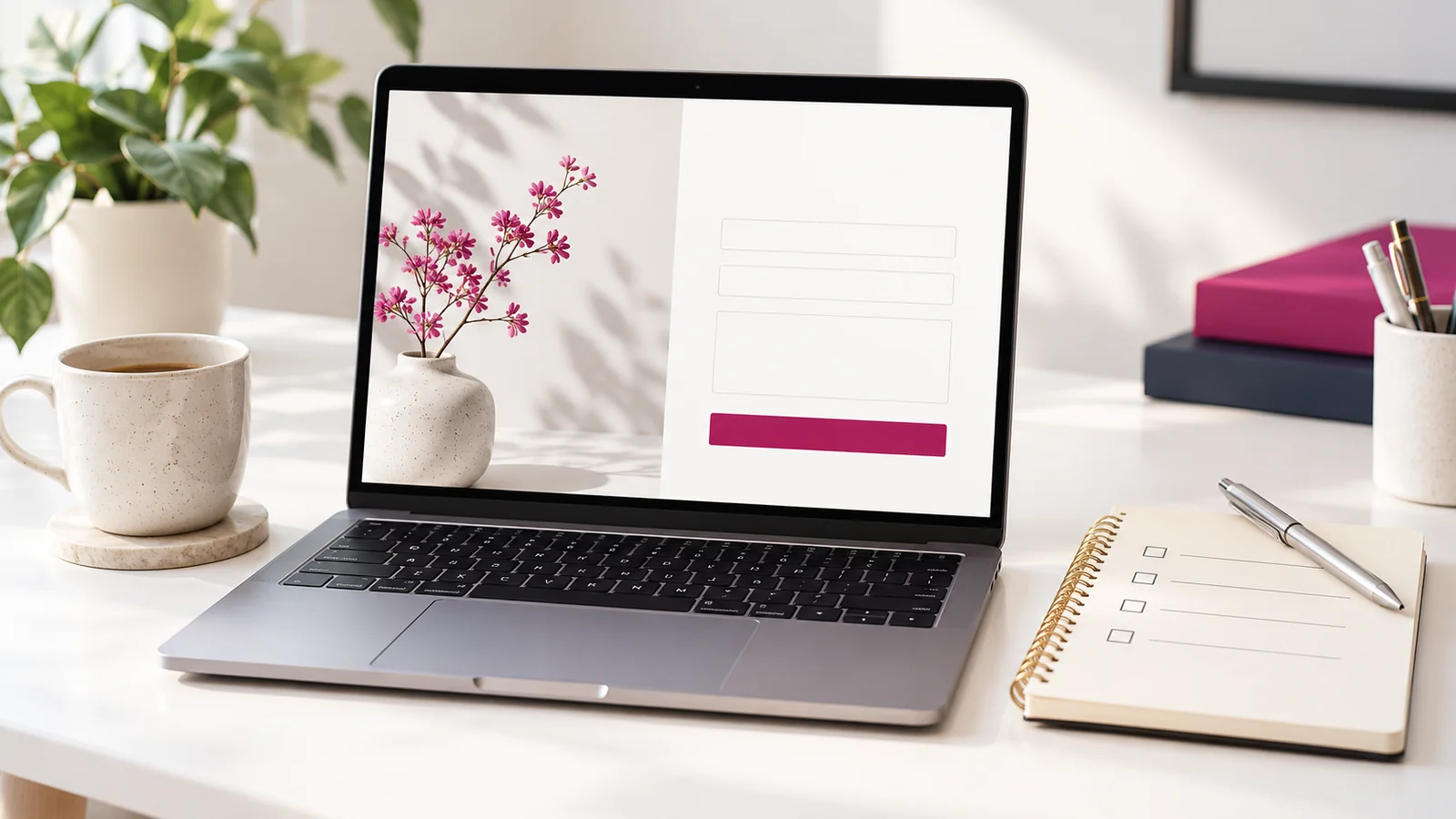 A website contact form and a launch checklist on a bright desk.