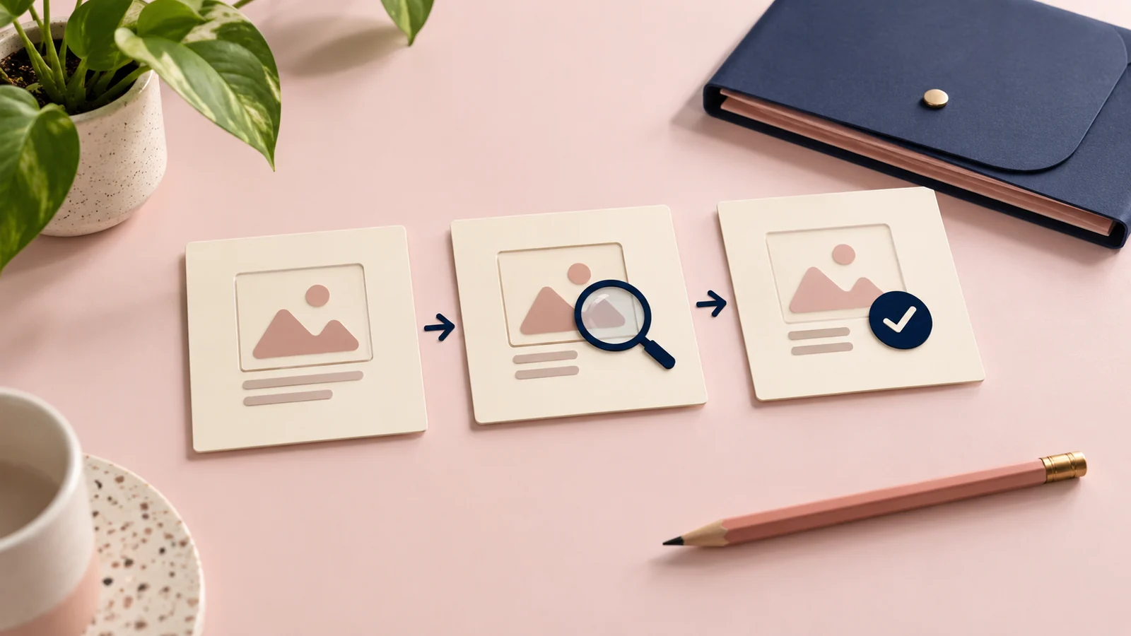 Three content cards moving through a simple approval process.