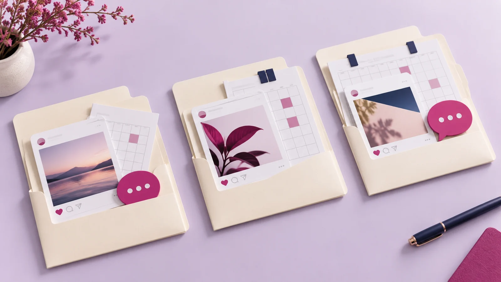 Three social-management folders showing different deliverables.