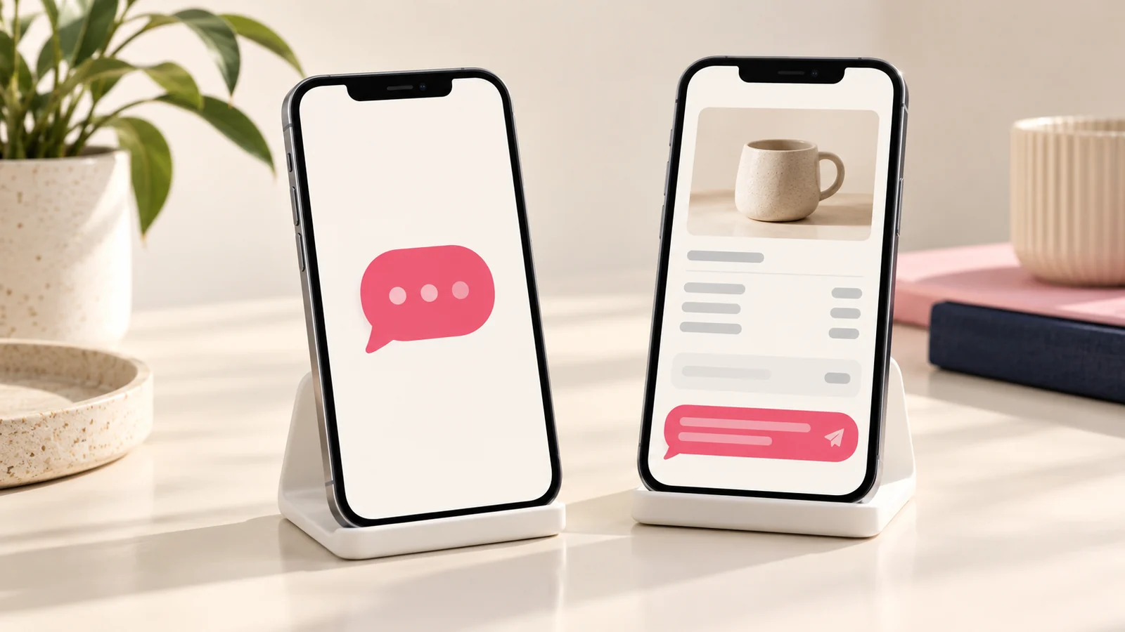 A simple chat screen beside a structured product-order conversation.