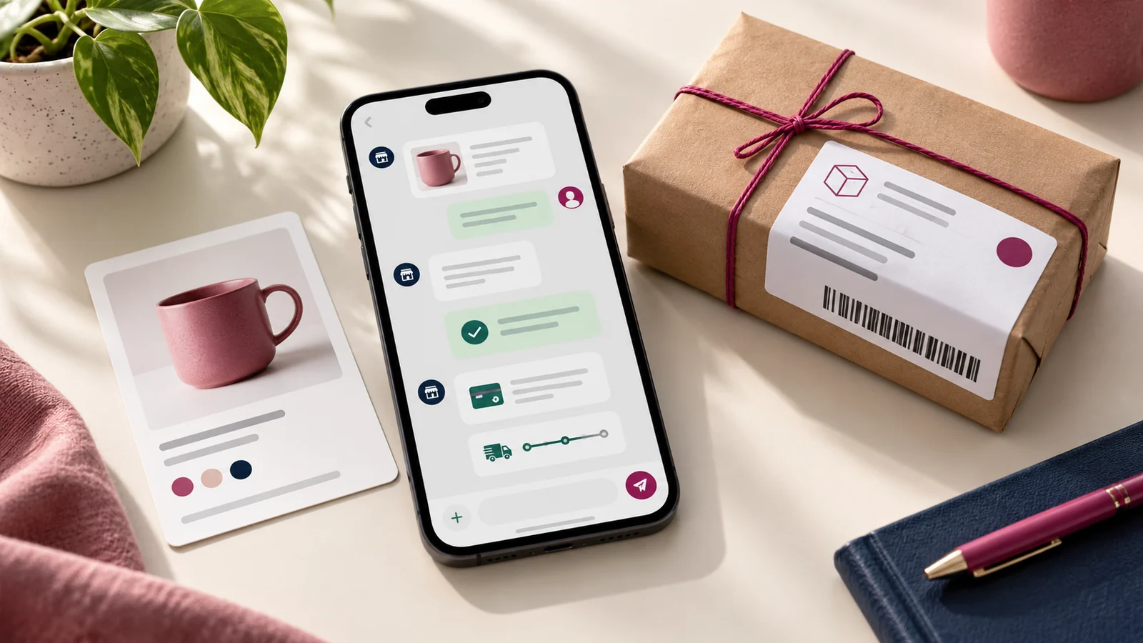 An organised order conversation beside a parcel and delivery details.